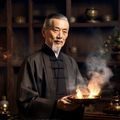 爱风月香道顾问墨云先生，中年男性，着深色唐装，手持香炉，神情专注，背景为香料陈列架